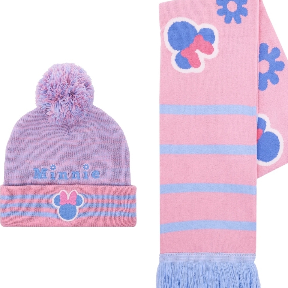 Minnie Mouse with Bow Floral Striped Beanie and Scarf 2pc Set